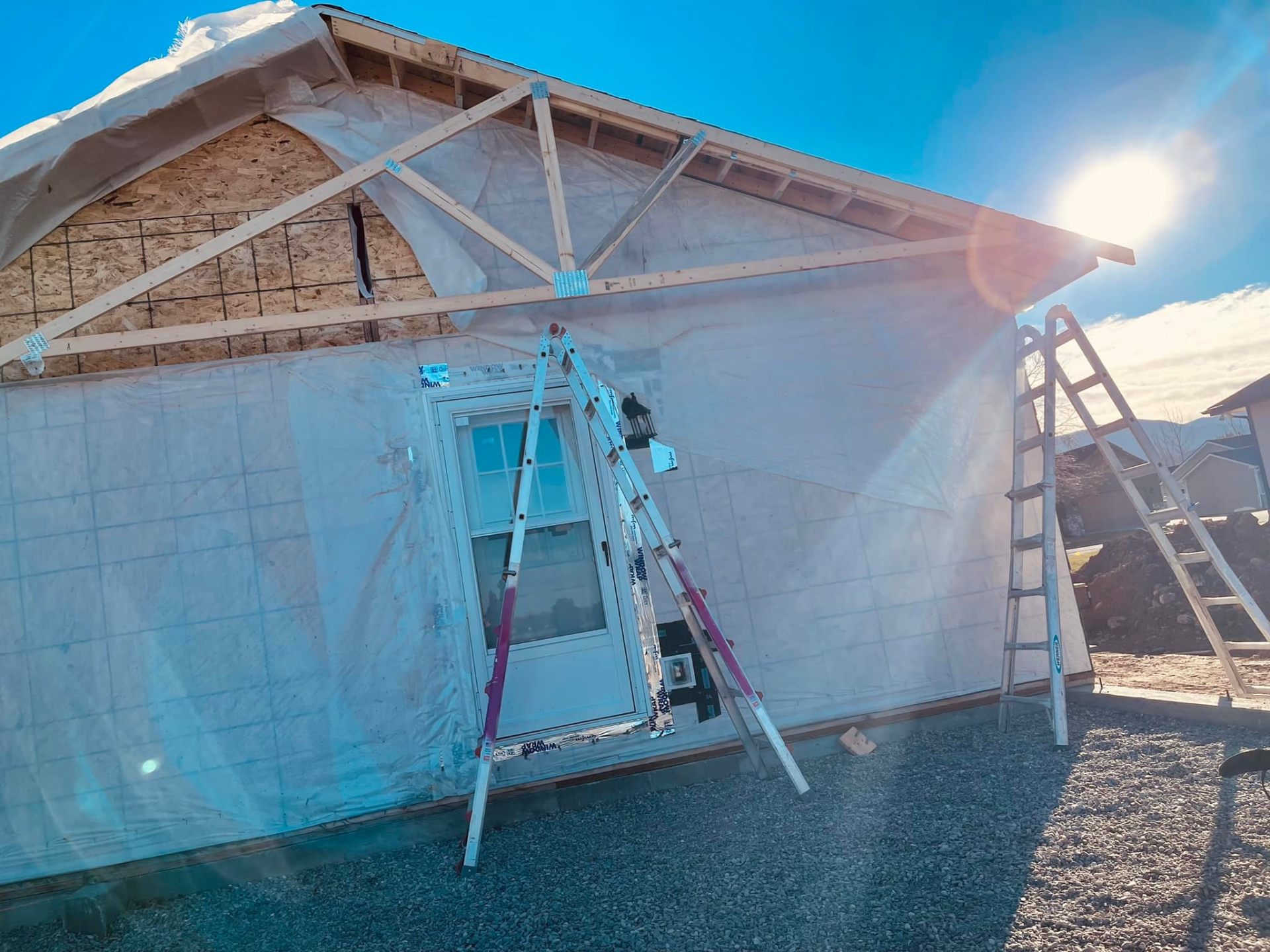 Garage addition gable end framing and wrap Eastern Montana